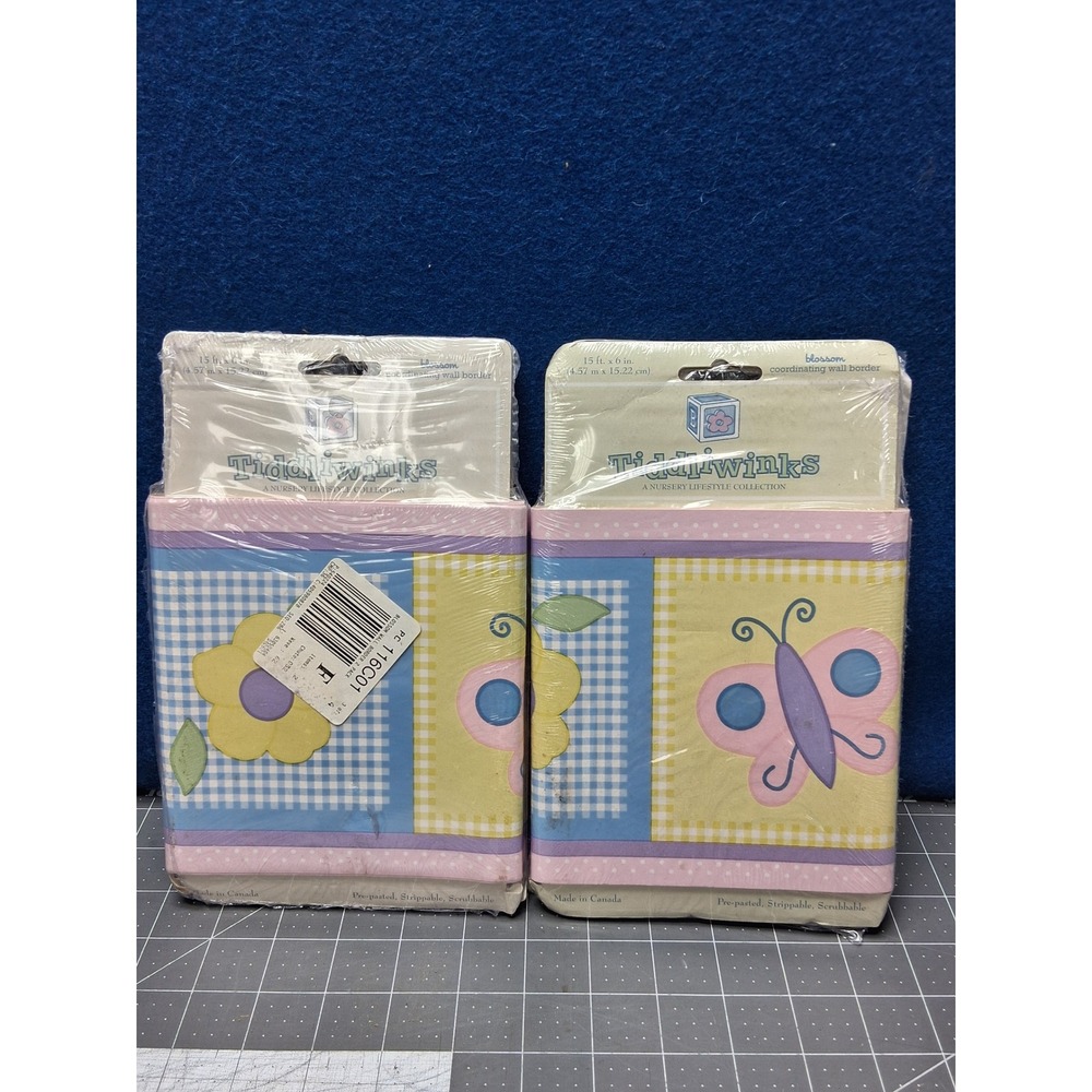 Tiddliwinks Blossom Wall Border Pink Blue Yellow Butterfly Flower 2 Pack